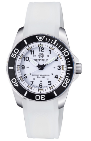 DAYNIGHT 43MM DIVER SOLAR POWERED STAINLESS STEEL CASE TRITIUM WATCH - BLACK/WHITE BEZEL &ndash;WHITE DIAL STRAP