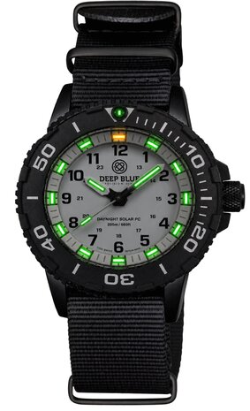 DAYNIGHT 43MM DIVER SOLAR POWERED PC TRITIUM WATCH- BLACK/WHITE BEZEL - WHITE DIAL - WHITE HANDS GREEN/ORANGE TRITIUM TUBES BLACK HANDS &ndash; STRAP