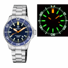 DAYNIGHT PATRIOT DARK BLUE CERAMIC BEZEL - DARK BLUE DIAL - ORANGE HANDS - GREEN ORANGE TUBES STRAP